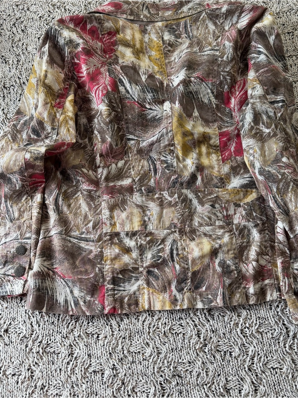 Chico's Multicolor Leaf-Print Jean Jacket — Brown, Red & Yellow - Picture 4 of 16